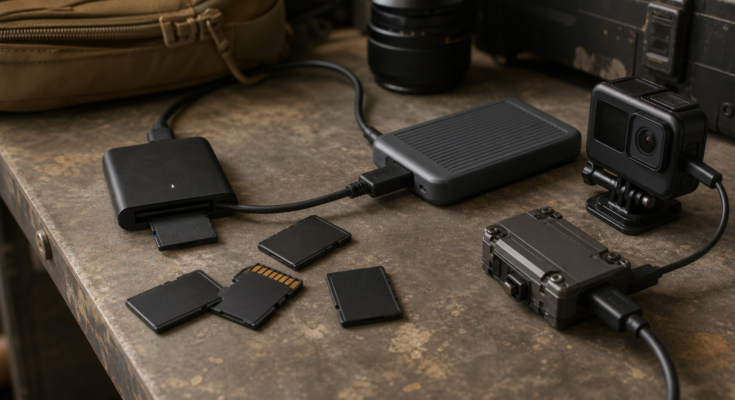 Field media workbench with unbranded SD cards, card reader, portable SSD, and action camera Field media workbench with unbranded SD cards, card reader, portable SSD, and action camera