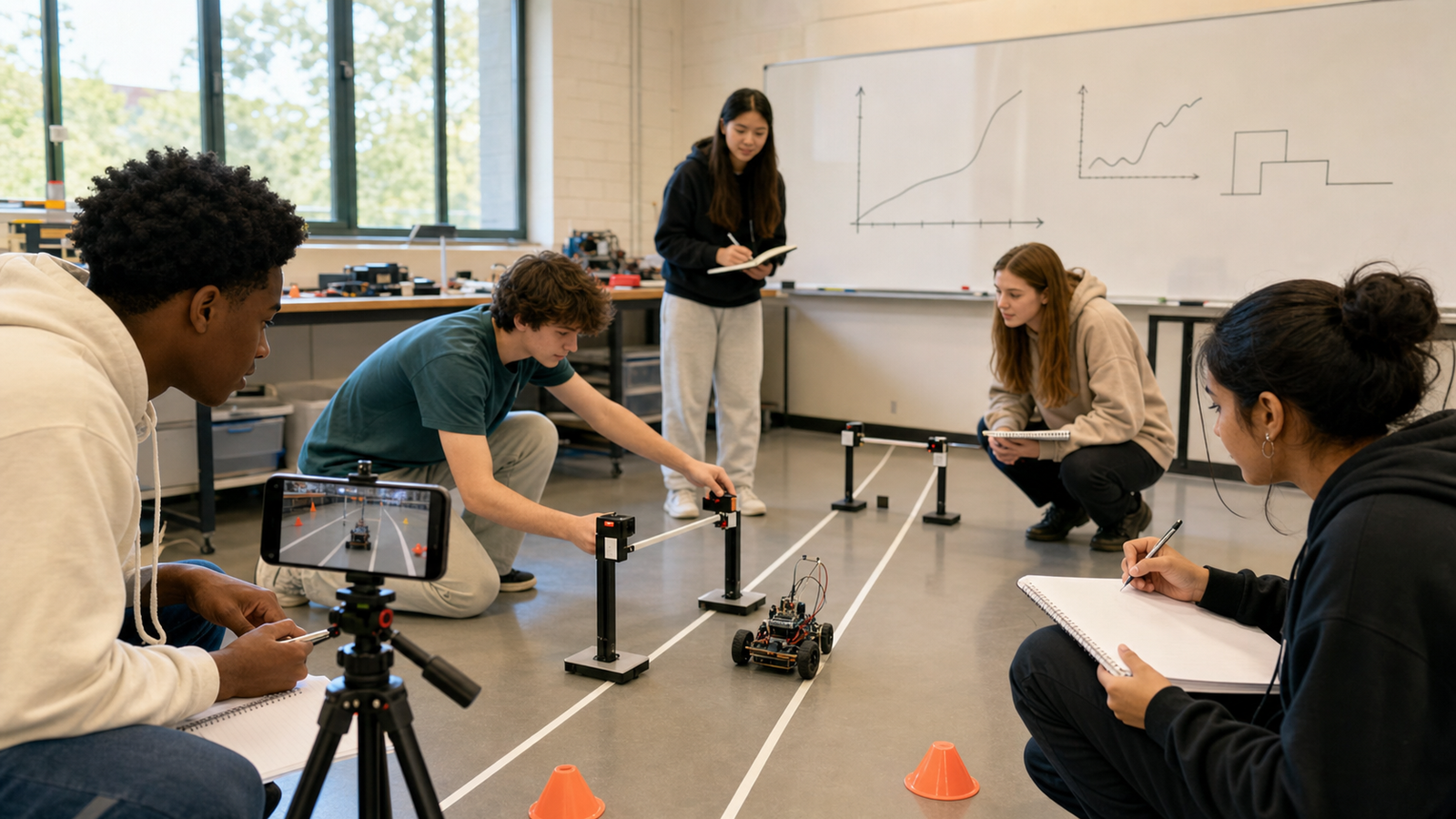 Students comparing phone video and timing gates for a short test lane
