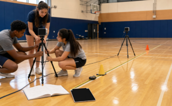 Students setting up sports timing gates for a short STEM measurement lane