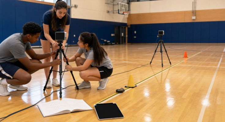 Students setting up sports timing gates for a short STEM measurement lane