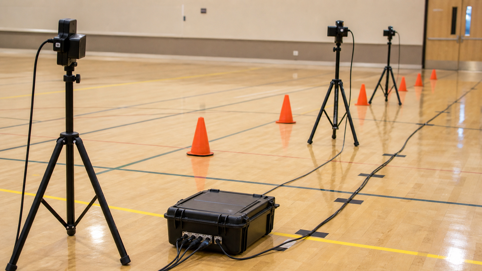 IR break-beam photogate setup on small tripods with clean wiring