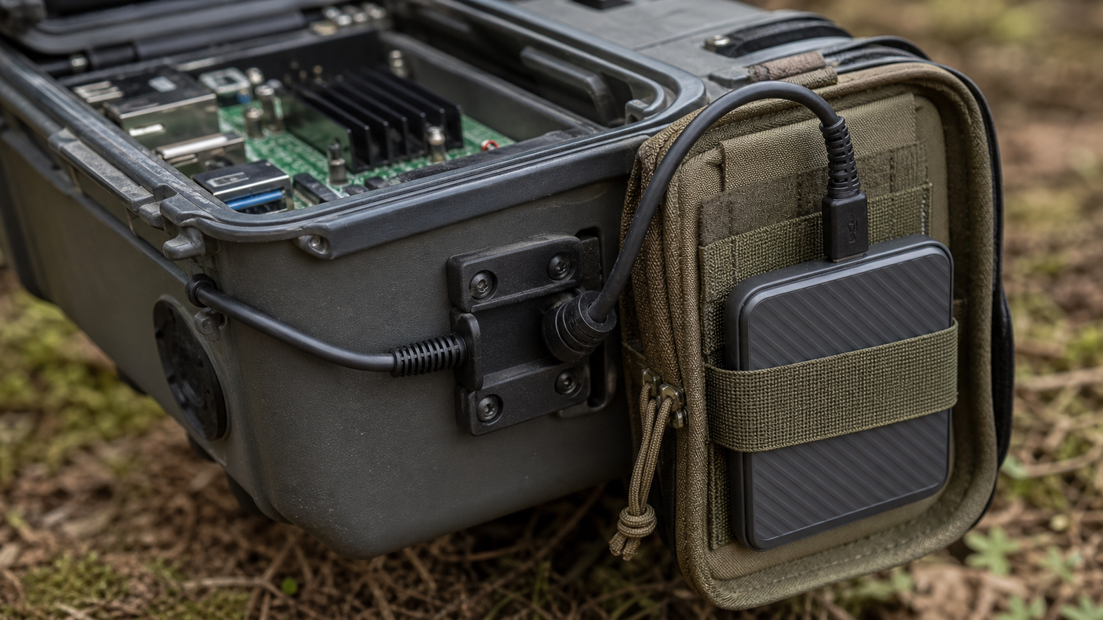 Portable SSD mounted with a short service loop and strain relief on a field logging kit