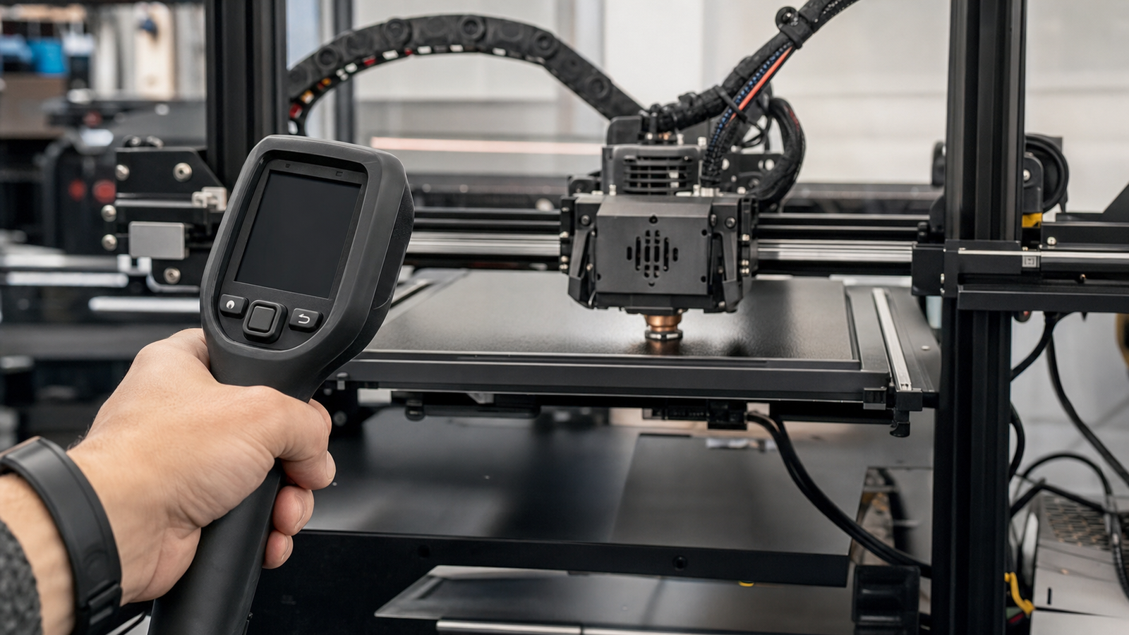 Thermal camera diagnostic setup near a 3D printer bed and nozzle area