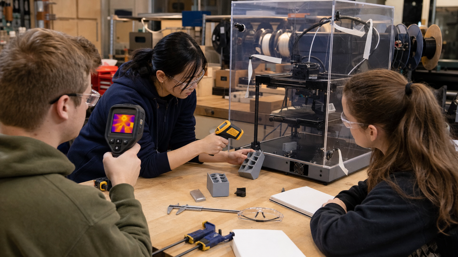 Students documenting 3D printer thermal behavior with camera, thermometer, and baseline parts