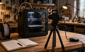 3D printer troubleshooting bench with thermal camera aimed at the build plate