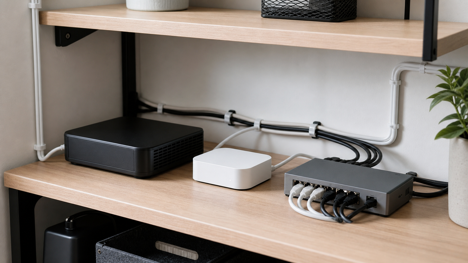 Home-lab shelf with compact router, smart-home hub, Ethernet switch, and neatly routed power cables