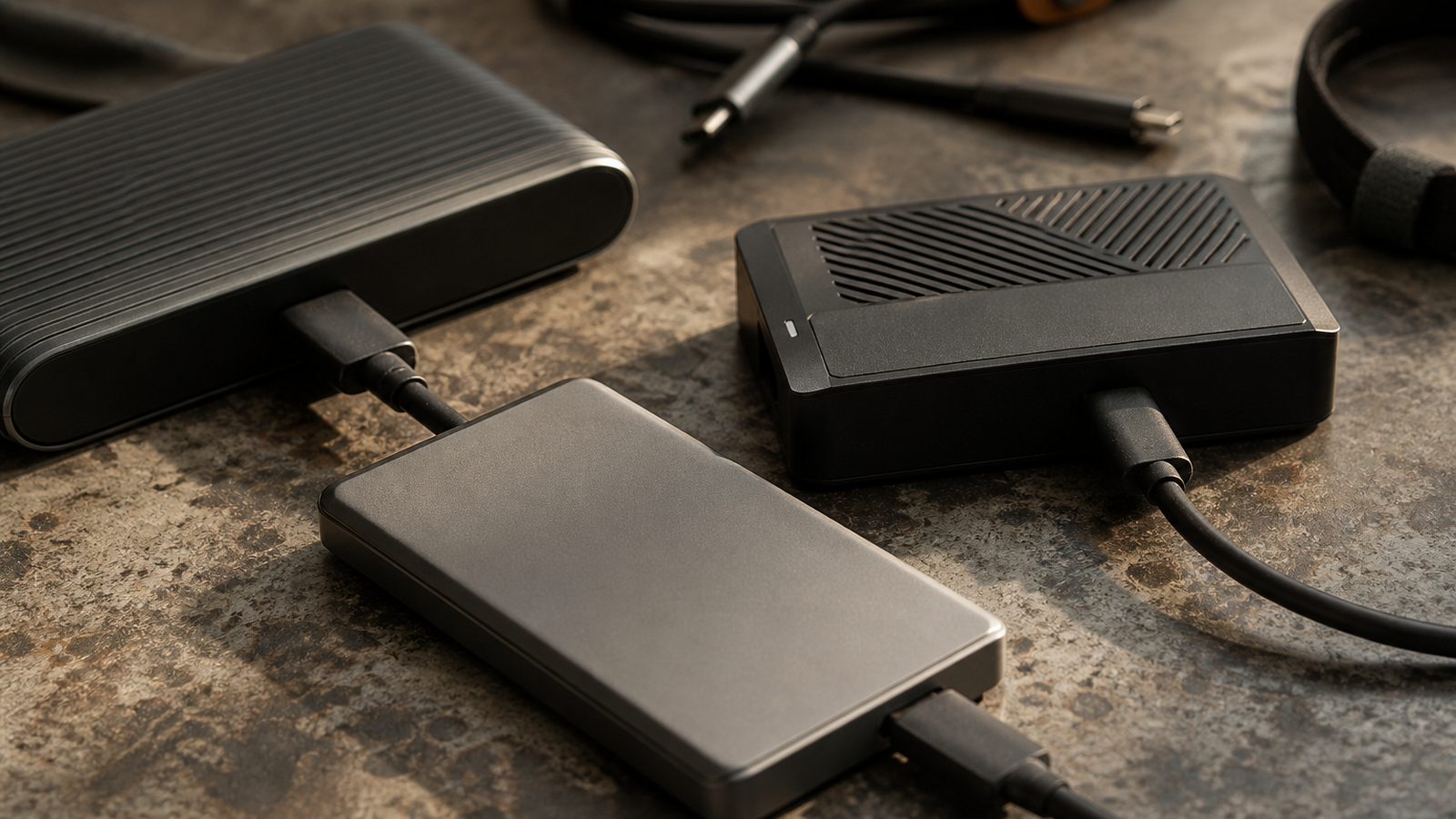 Close view of USB-C cables, portable SSDs, and capture device arranged for a field workflow