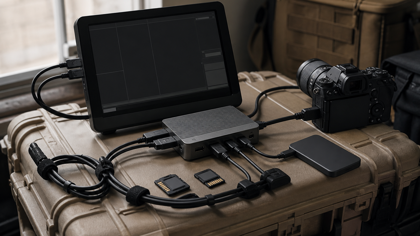 Portable monitor and camera ingest station powered through a compact dock