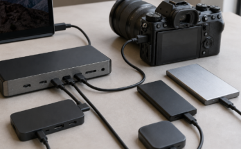 Field media kit with Thunderbolt dock, USB4 hub, camera, portable SSDs, and cables