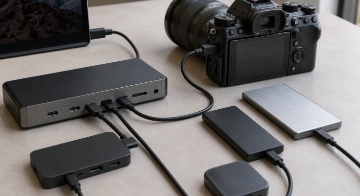 Field media kit with Thunderbolt dock, USB4 hub, camera, portable SSDs, and cables