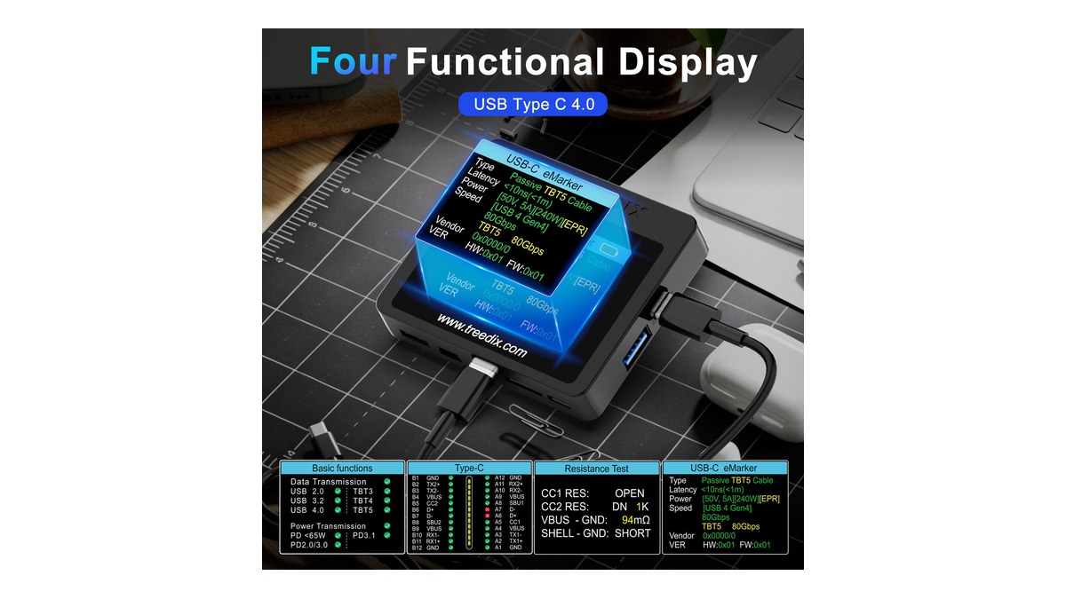 USB cable tester display showing cable test information