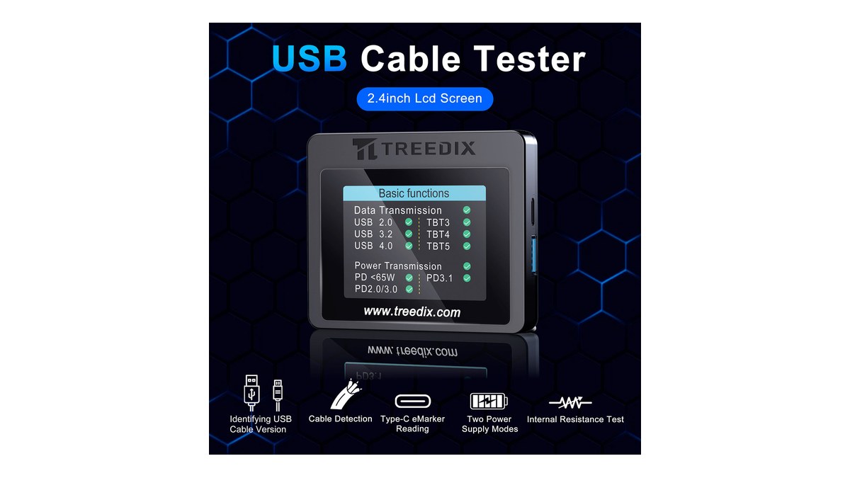 USB cable tester connected to multiple cable ports