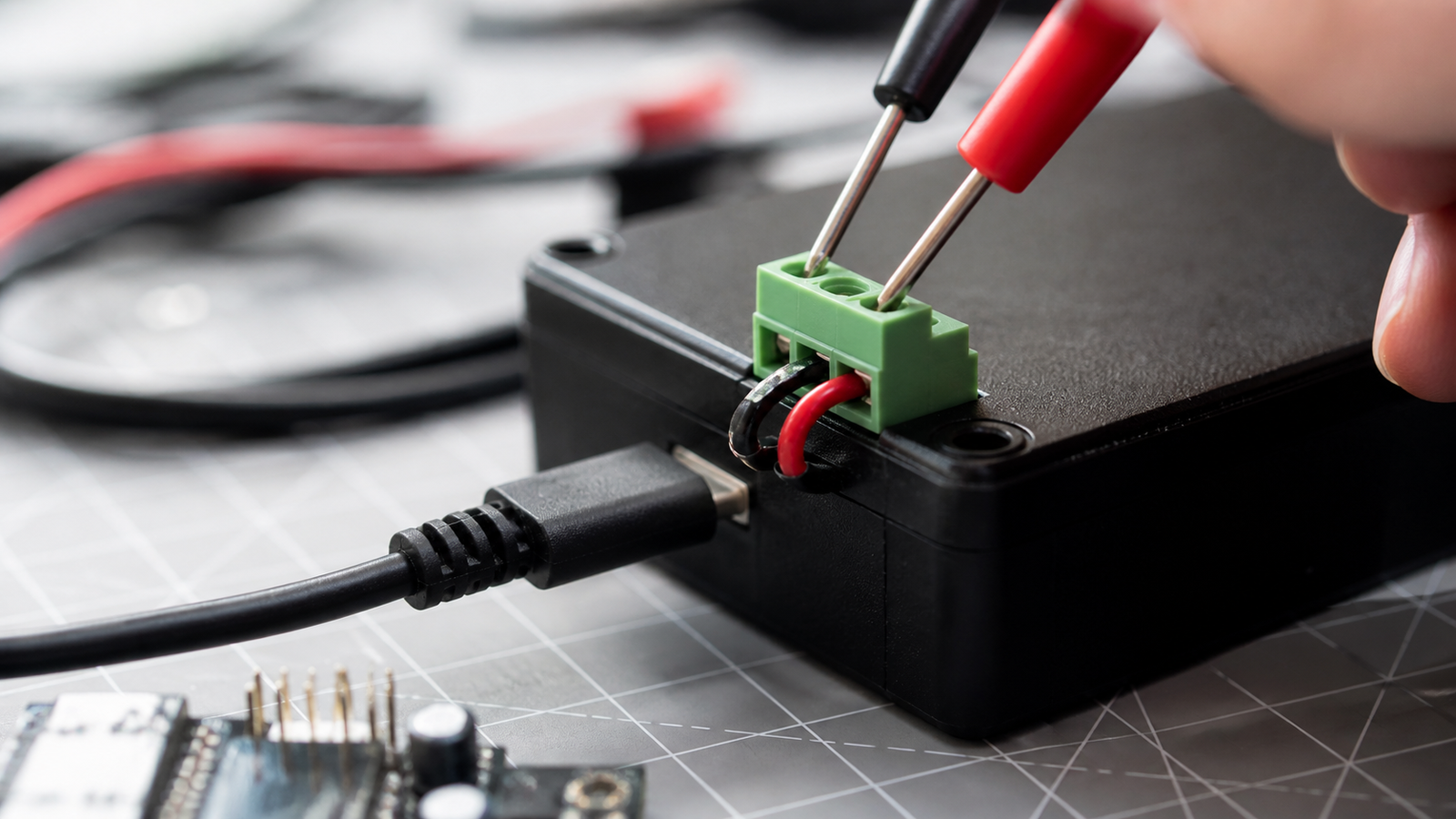 Close-up of multimeter probes checking a USB-C powered maker rail with safe cable routing
