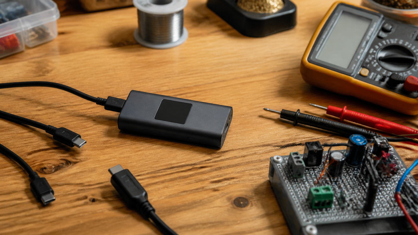 USB-C PD tester and multimeter on a maker bench beside a powered project