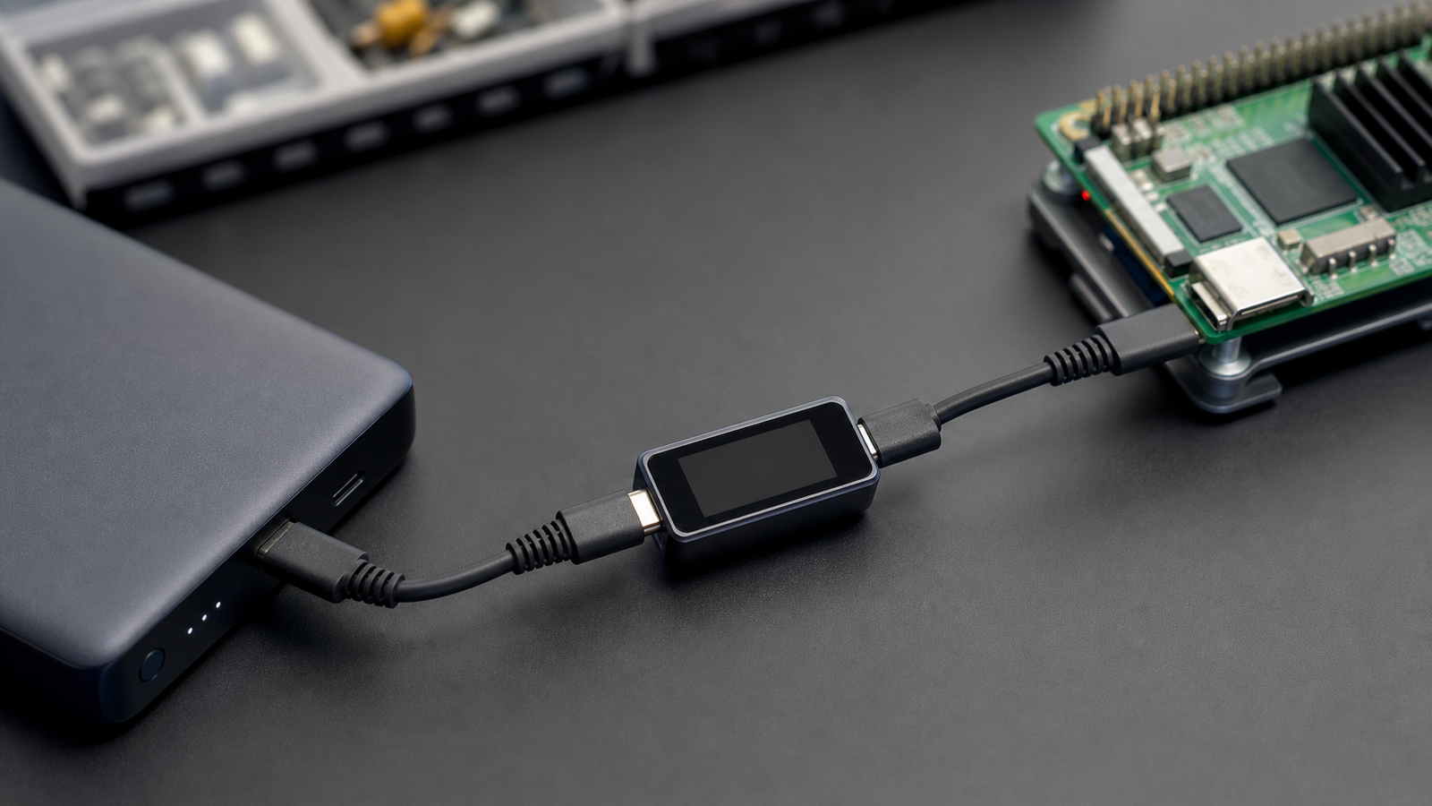 USB-C power bank feeding a single-board computer through an inline power meter