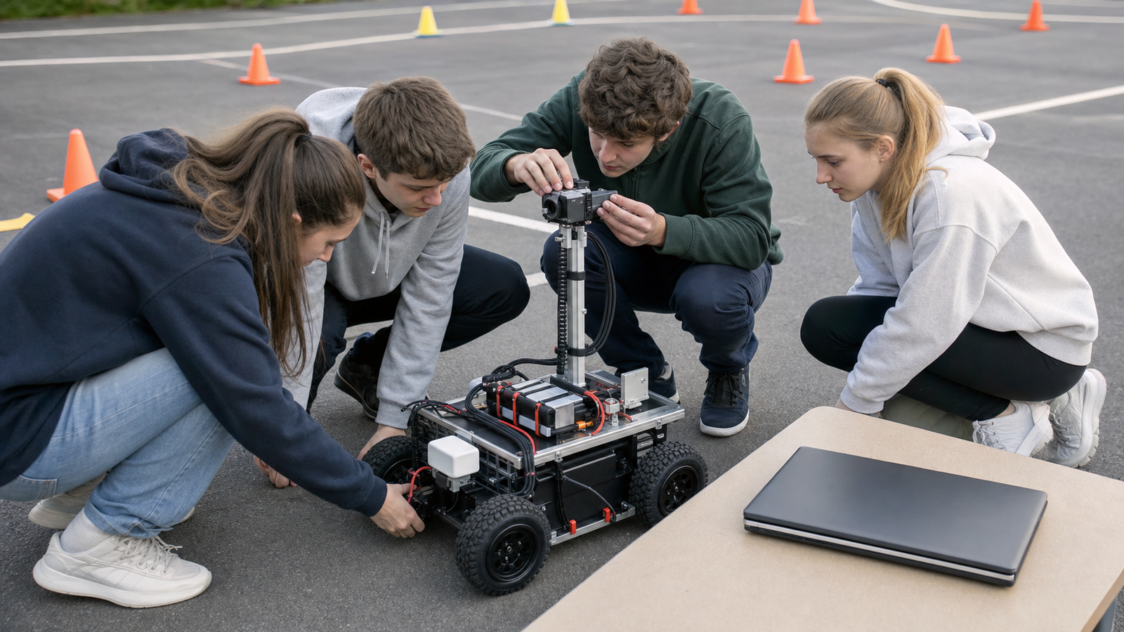 Small field robot with secured power bank and cable strain relief on a test course