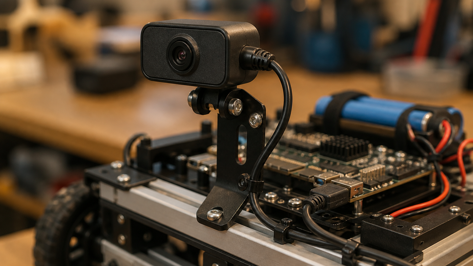 Enclosed camera mounted on a small robot with an external cable