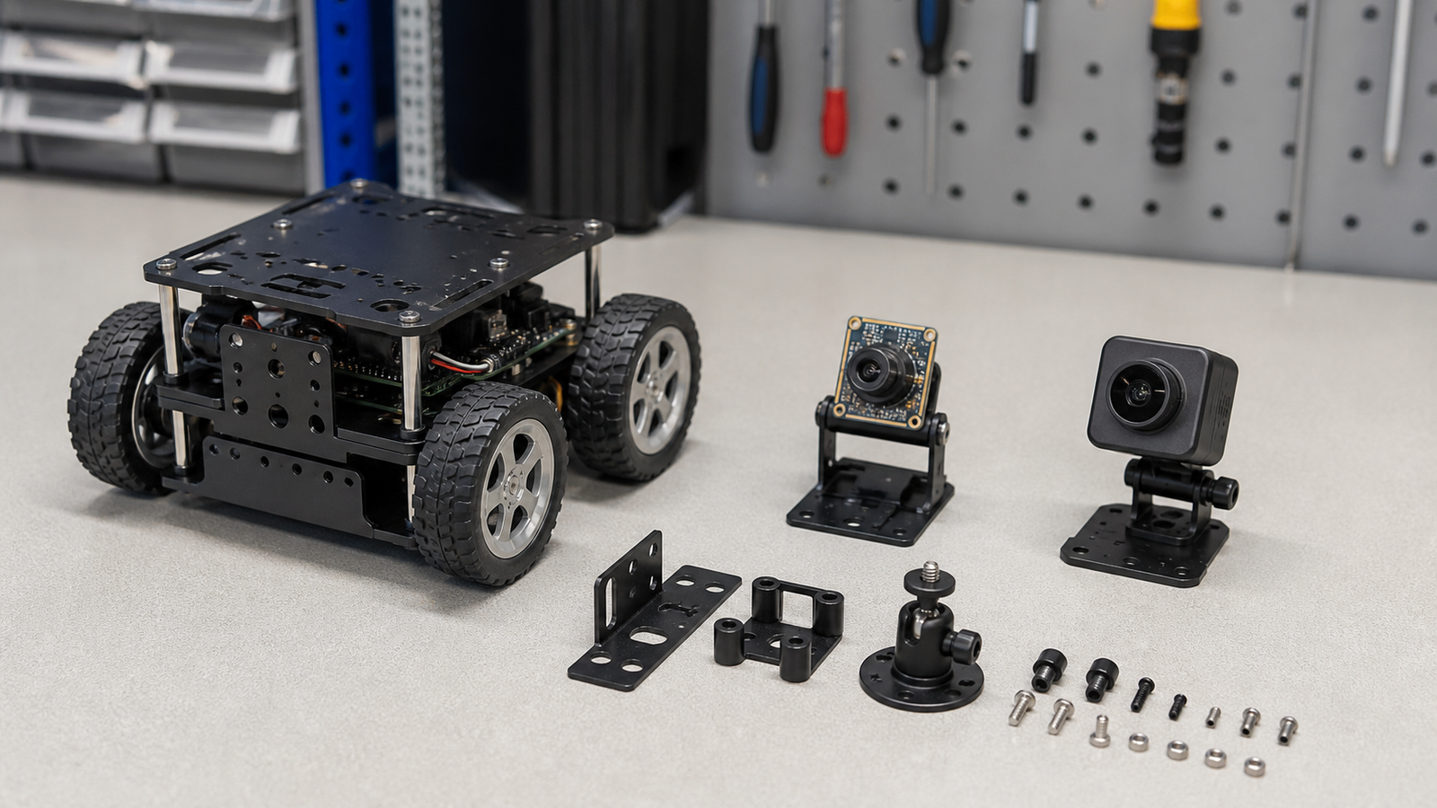 Ribbon-connected camera module installed inside a small robot