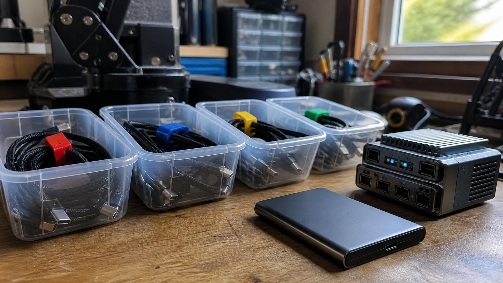 Creator field kit with labeled USB-C cables, portable SSD, dock, and compact robot controller