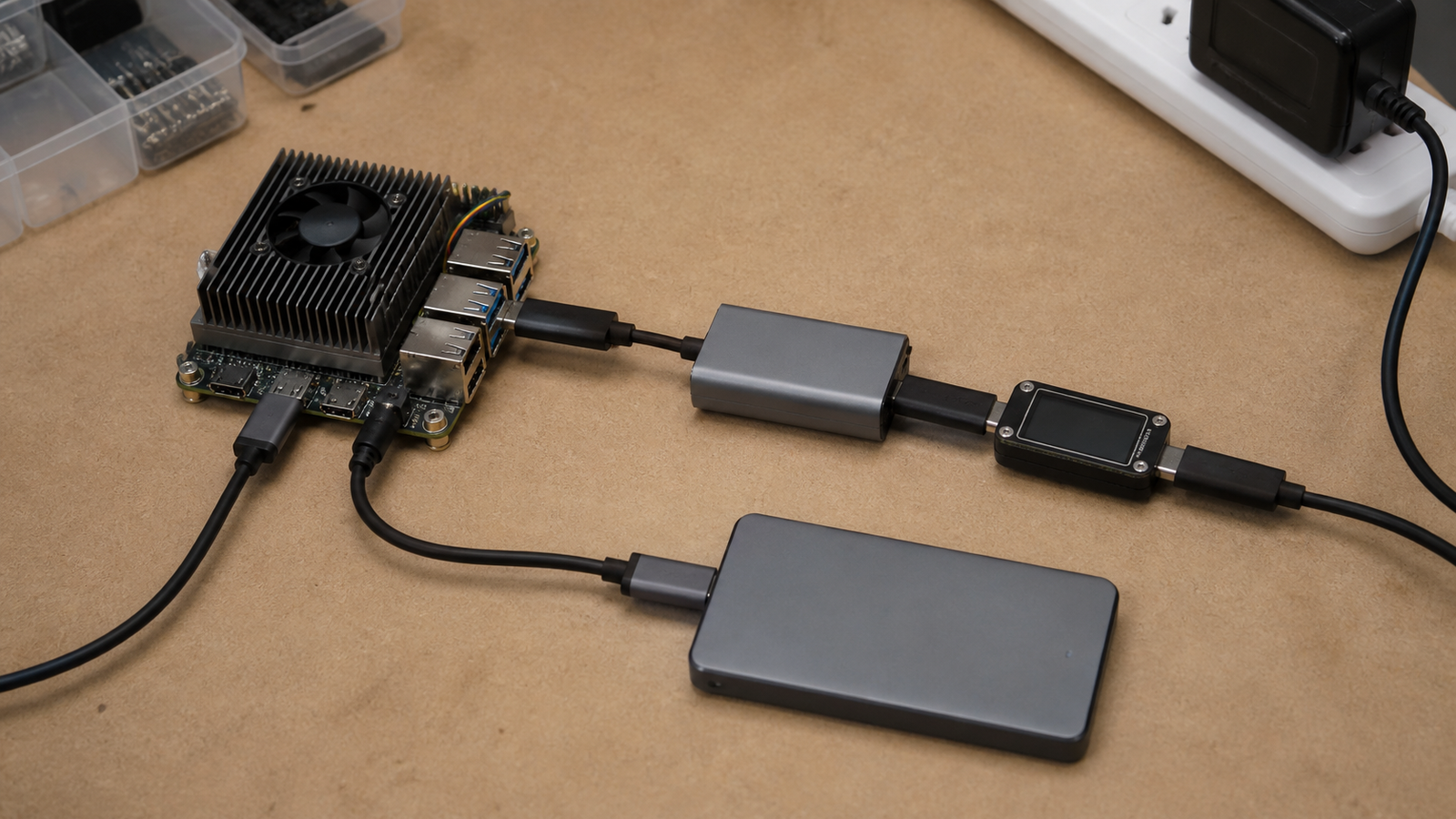 Workbench test of USB-C cable speed using external SSD, dock, and power meter