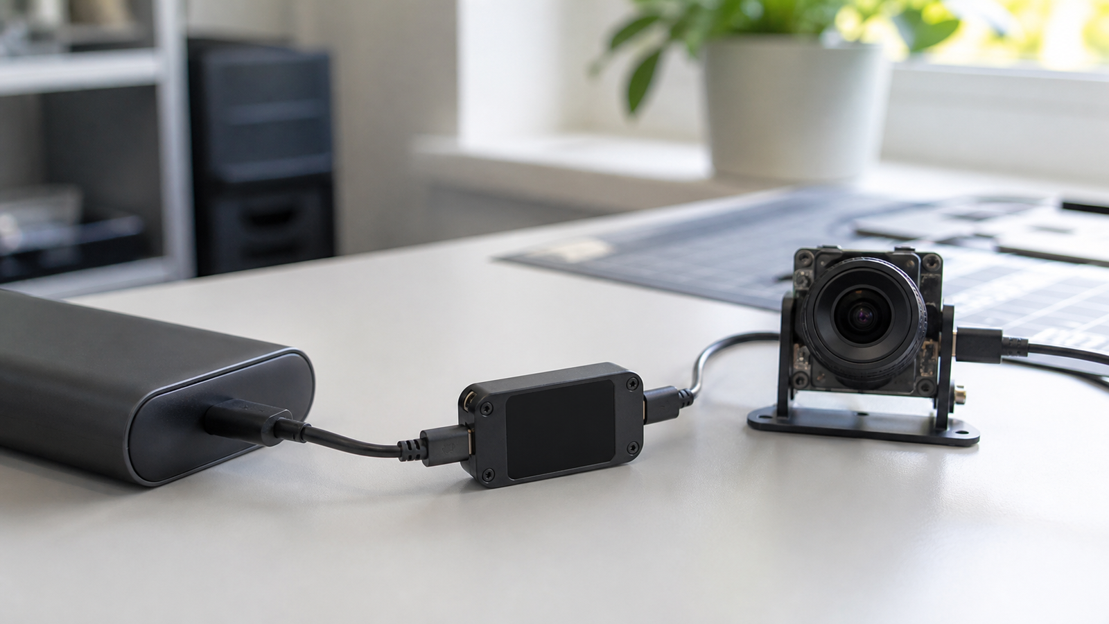 USB-C PD power tester setup for a robot camera with display turned away and organized cables