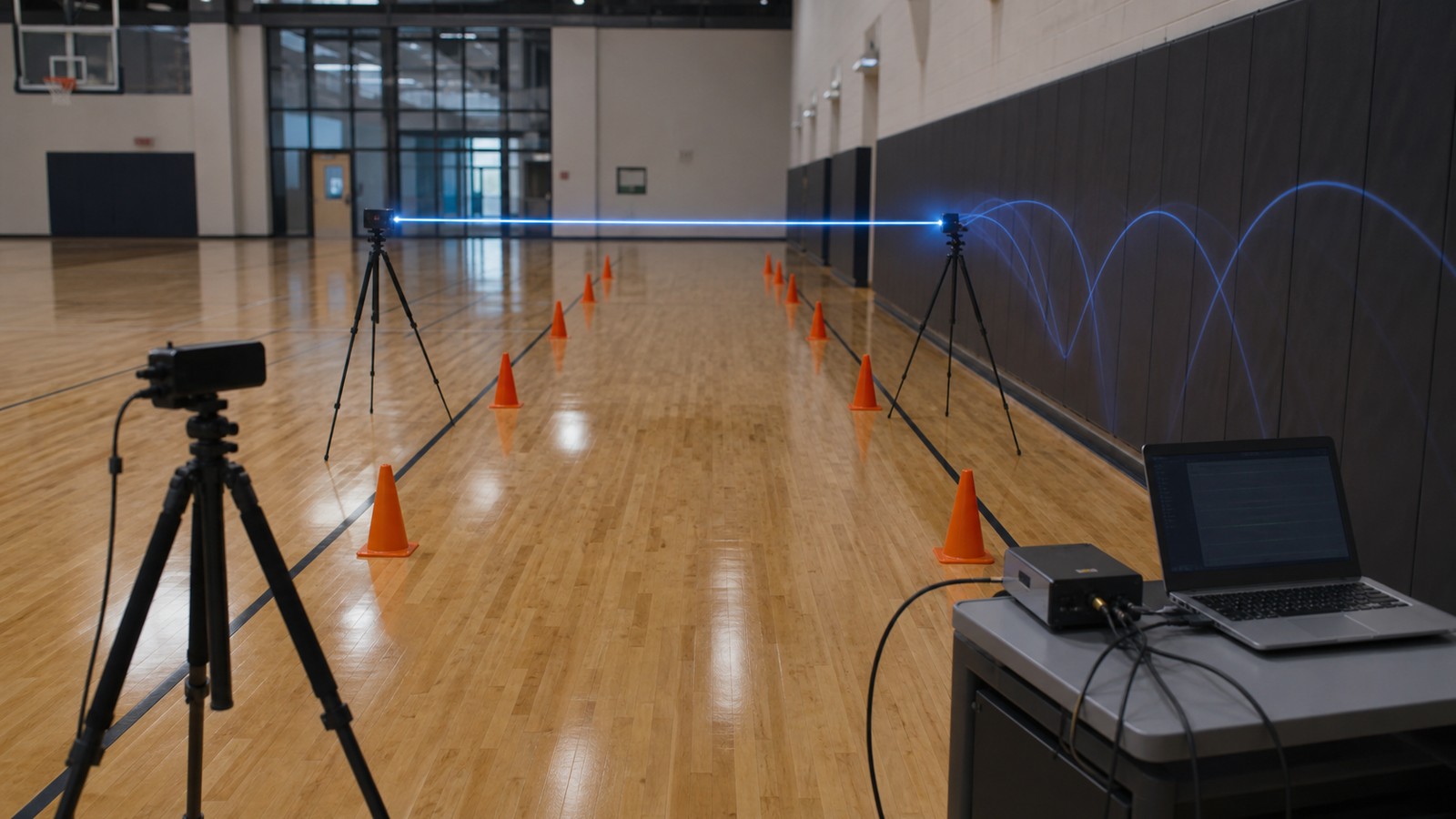 Generated illustration of a gym field-test setup showing radio timing and multipath risk