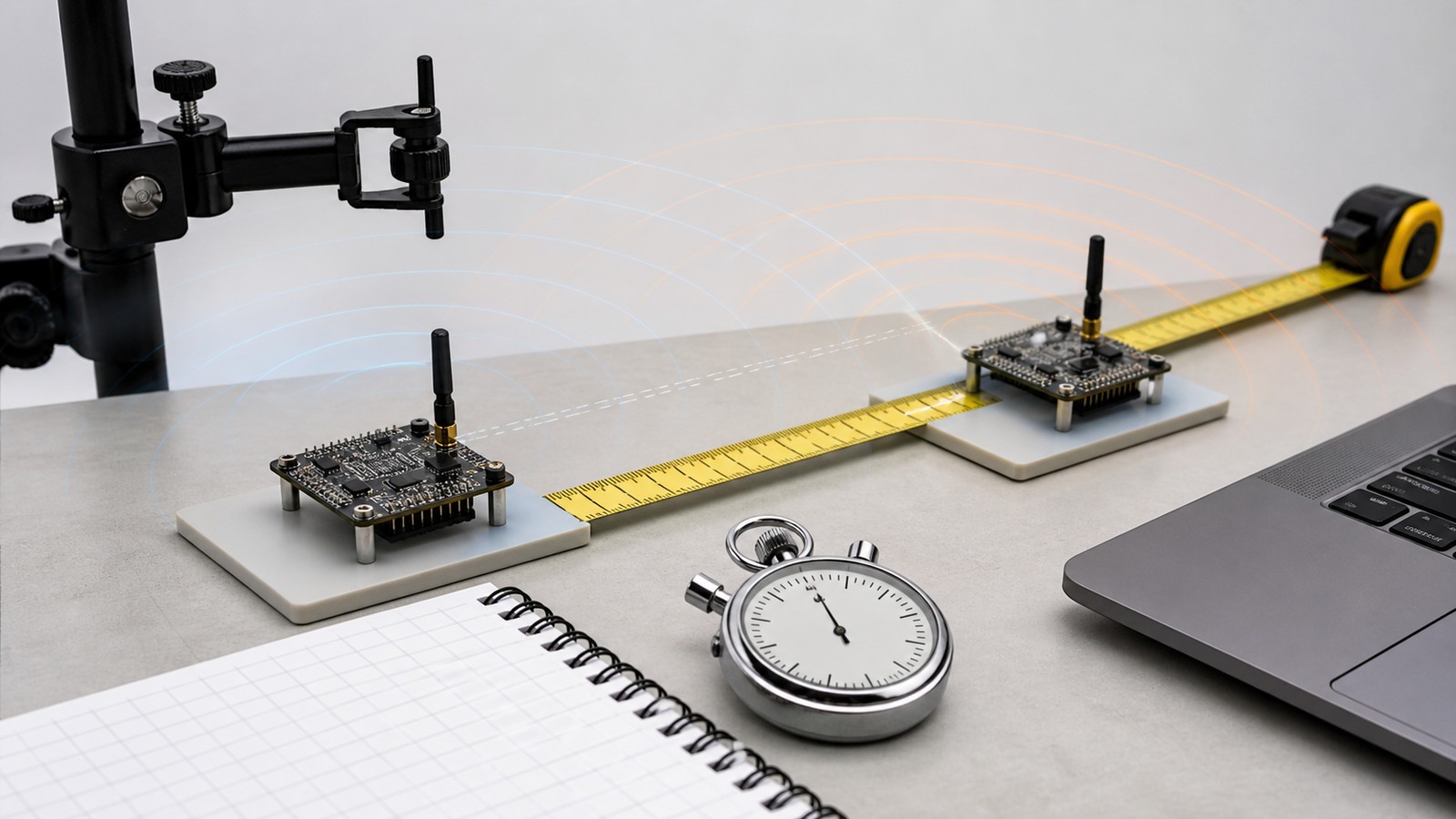 Generated illustration of a wireless timing test bench with ranging modules and measurement tools