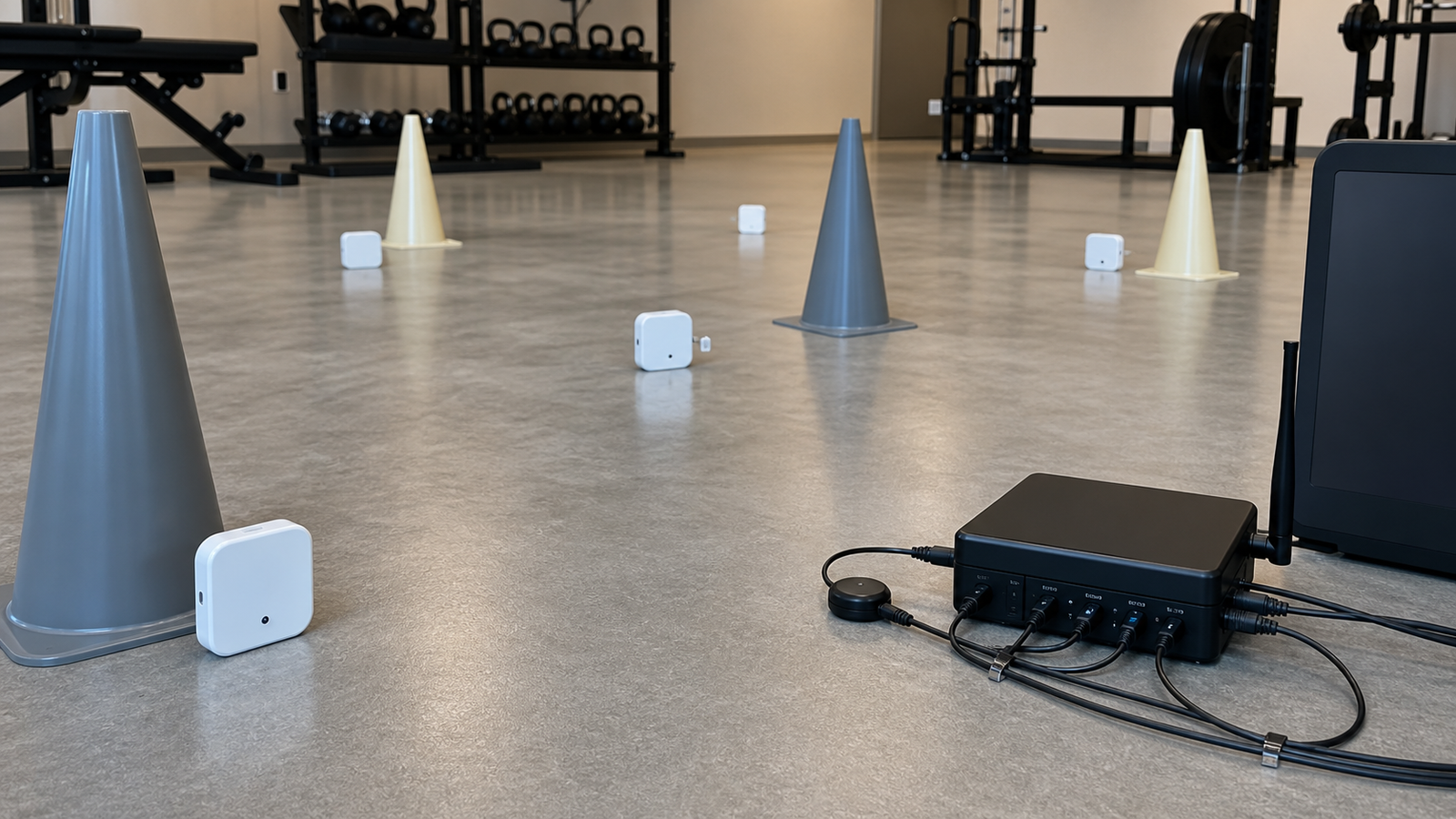 Unbranded UWB tag timing experiment with small tags, cones, and data logger with screen turned away
