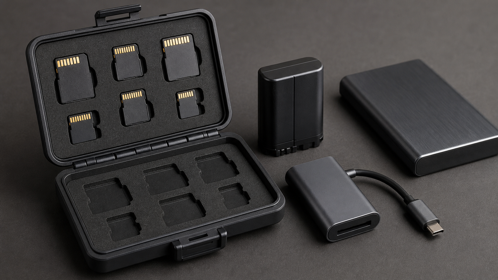 Rugged memory card case with USB-C reader and portable SSD for field backups