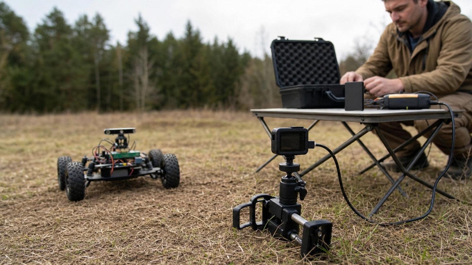 Maker filming a robot field test with action camera and backup kit nearby