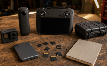 Field video kit with action camera, 360 camera, memory cards, and portable SSD