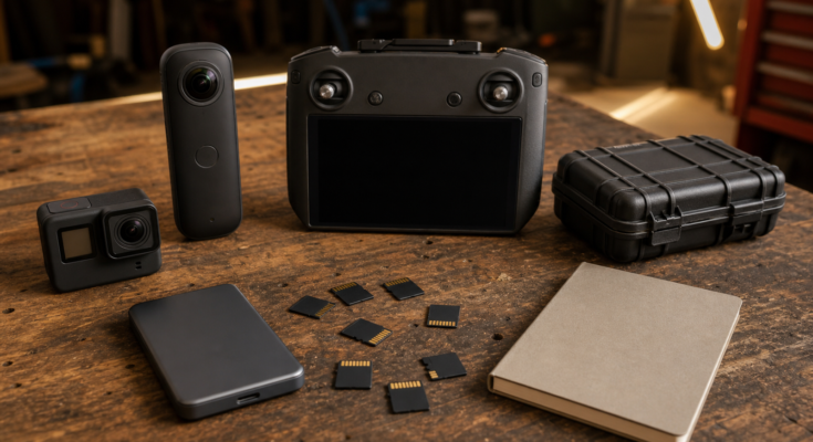 Field video kit with action camera, 360 camera, memory cards, and portable SSD Field video kit with action camera, 360 camera, memory cards, and portable SSD