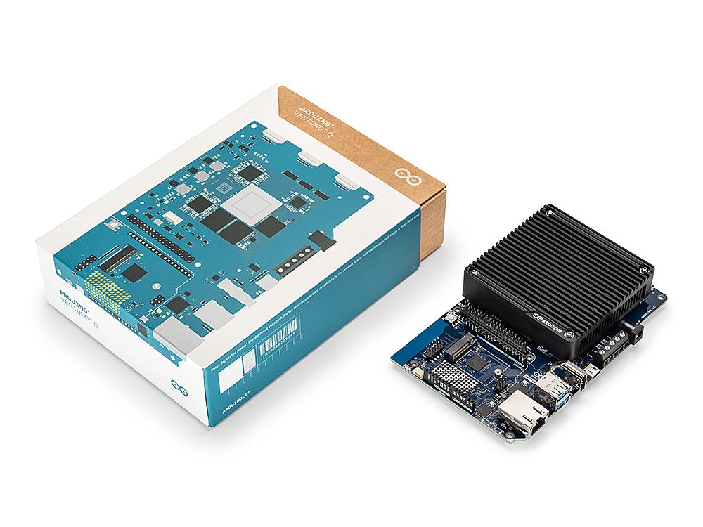 Official Arduino VENTUNO Q board and retail package photograph