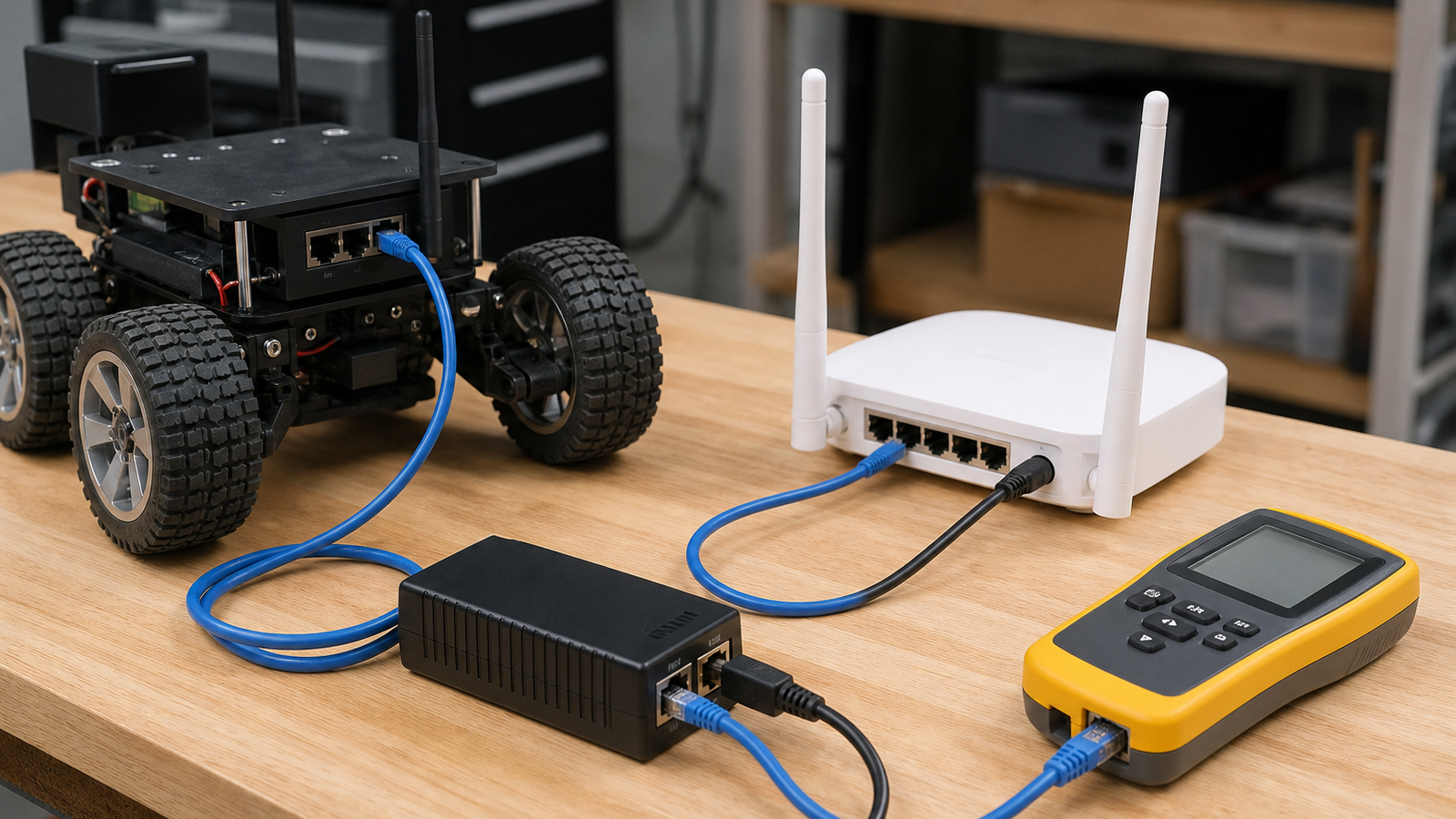 Workshop bench with small mobile robot, PoE injector, wireless access point, and cable tester arranged for network fallback checks