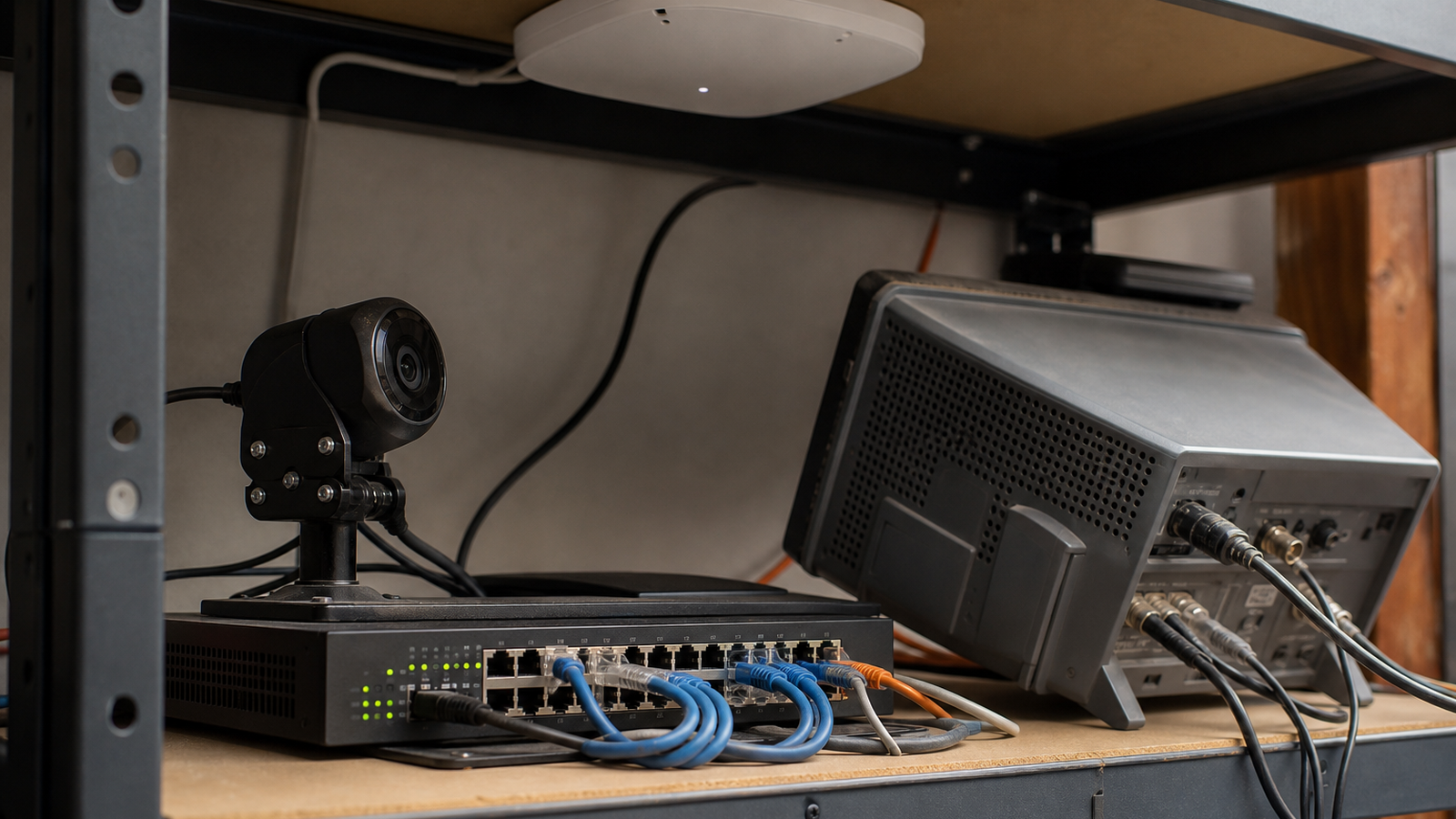 Documentary-style home lab network shelf with access point, Ethernet switch, robot camera module, and spectrum analyzer view turned away with no readable text