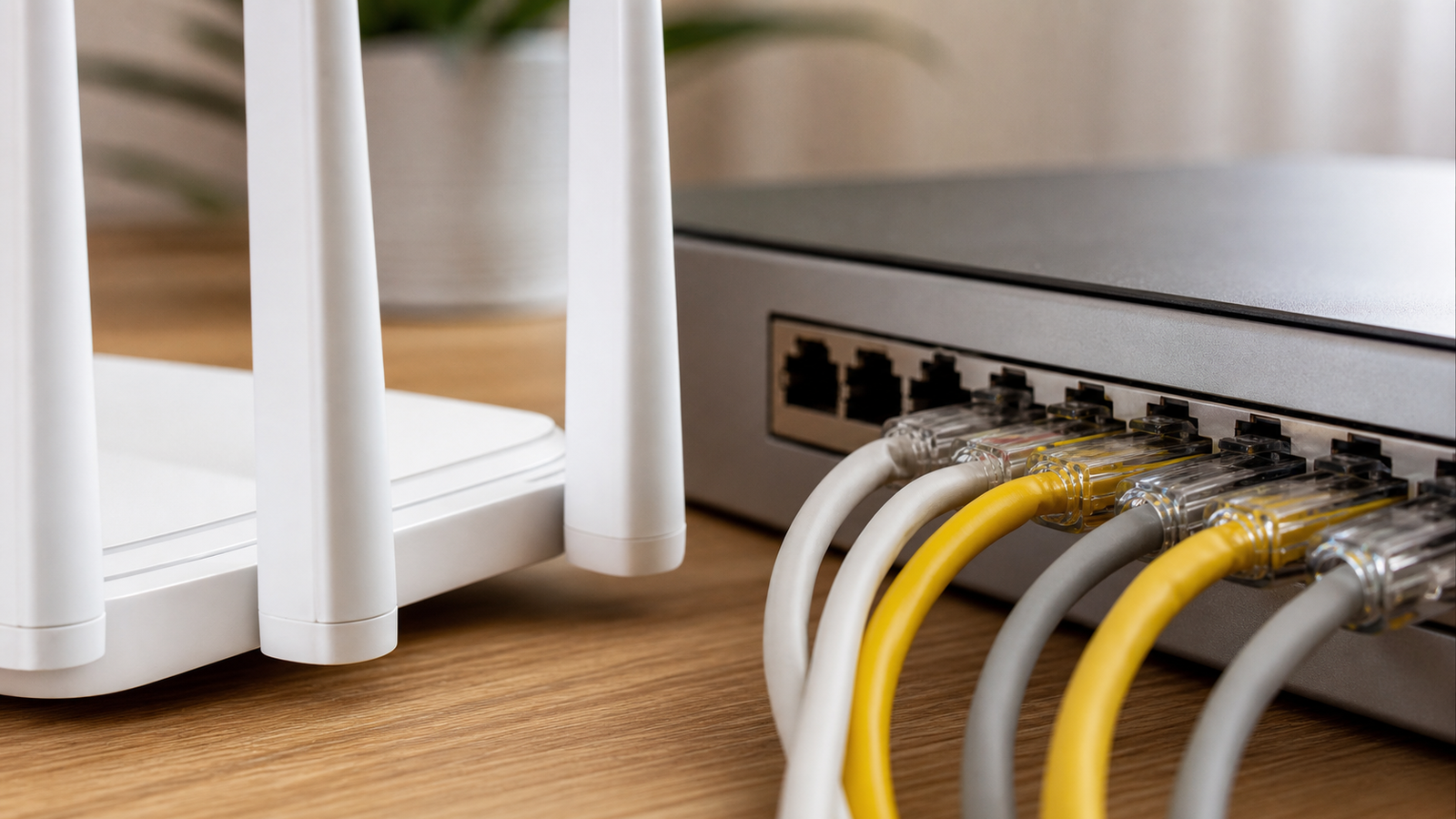 Home lab network shelf with Wi-Fi router, mini server, Ethernet switch, and cable management