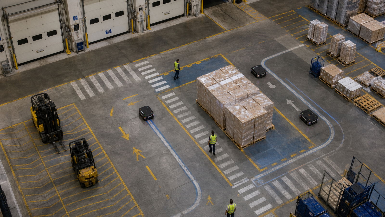 Overhead view of dock lanes, pallets, and robot traffic zones in a warehouse