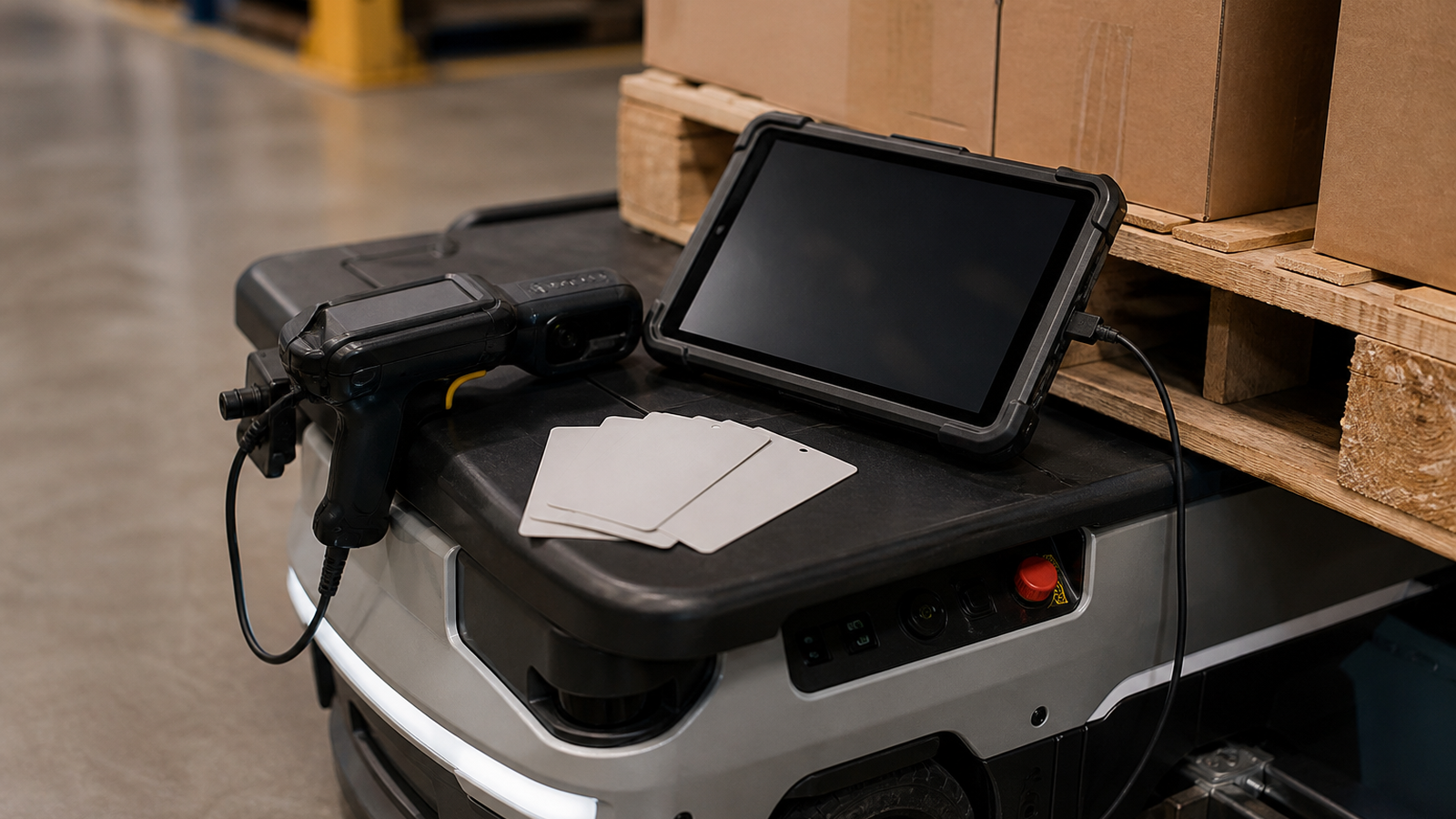 Close view of a rugged warehouse scanner and task board beside a mobile robot cart