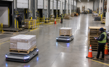 Warehouse associates coordinating with autonomous mobile robots in a transload area