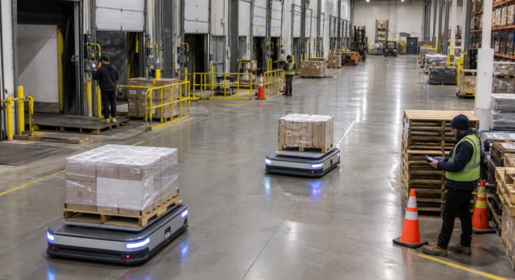 Warehouse associates coordinating with autonomous mobile robots in a transload area Warehouse associates coordinating with autonomous mobile robots in a transload area