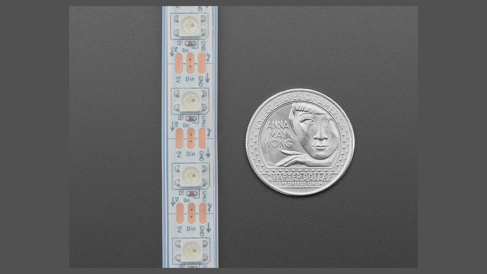 Close view of addressable LED strip copper connection pads