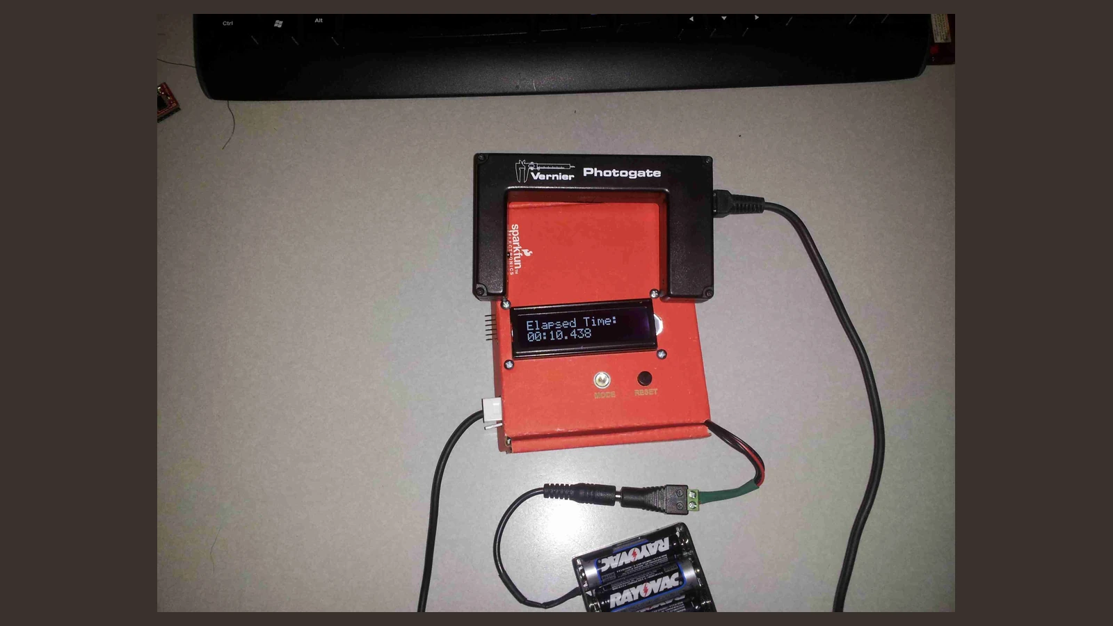 Vernier photogate connected to a SparkFun elapsed-time display