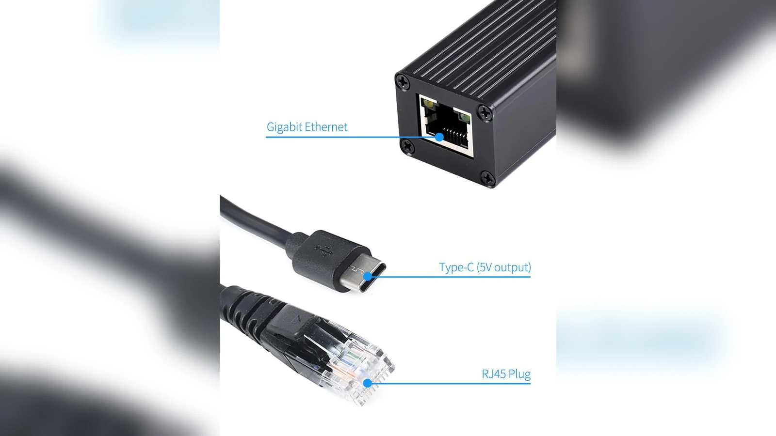 PoE splitter showing Ethernet input and separated data and power connections