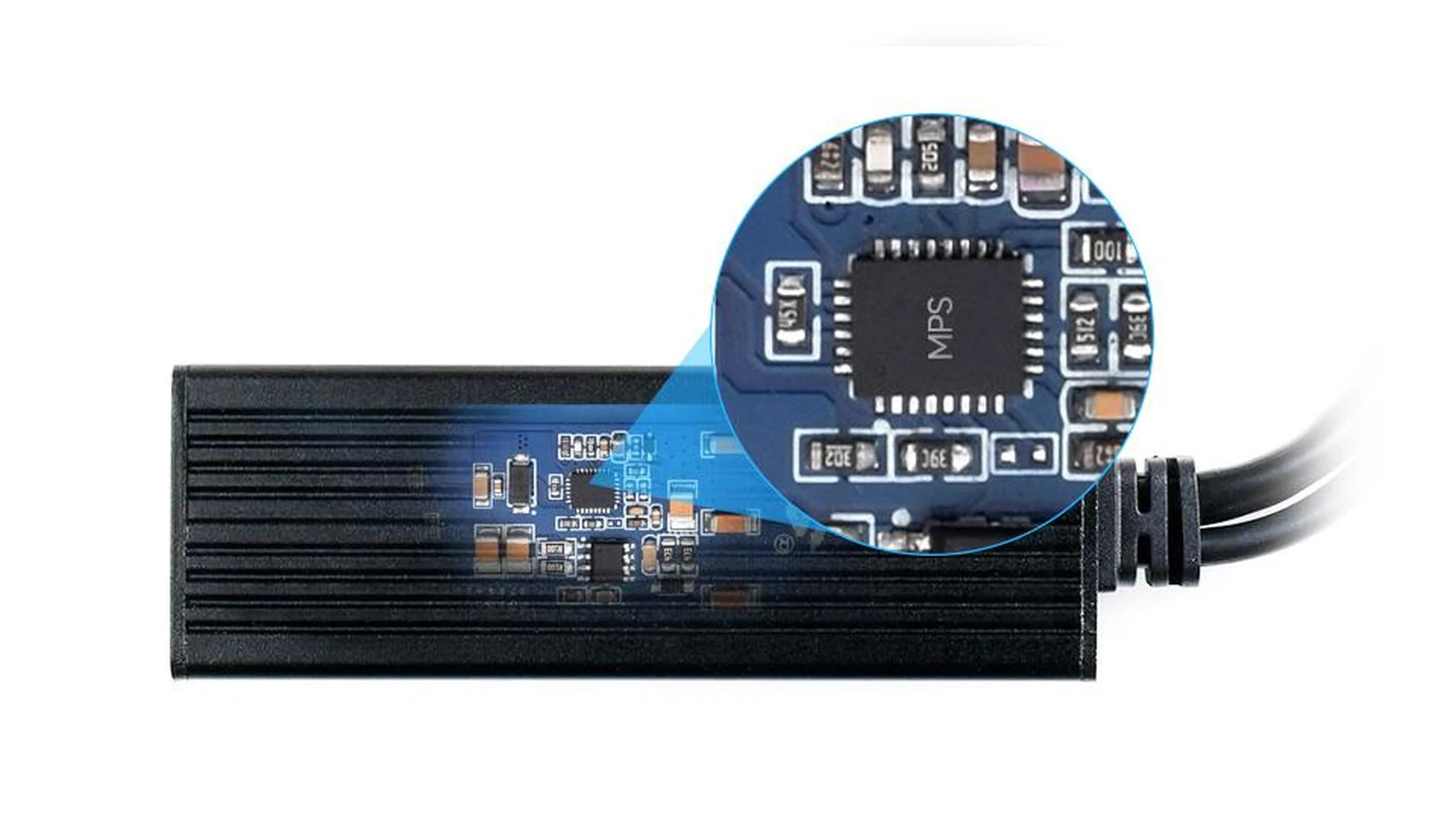Cutaway view of PoE splitter power-conversion electronics