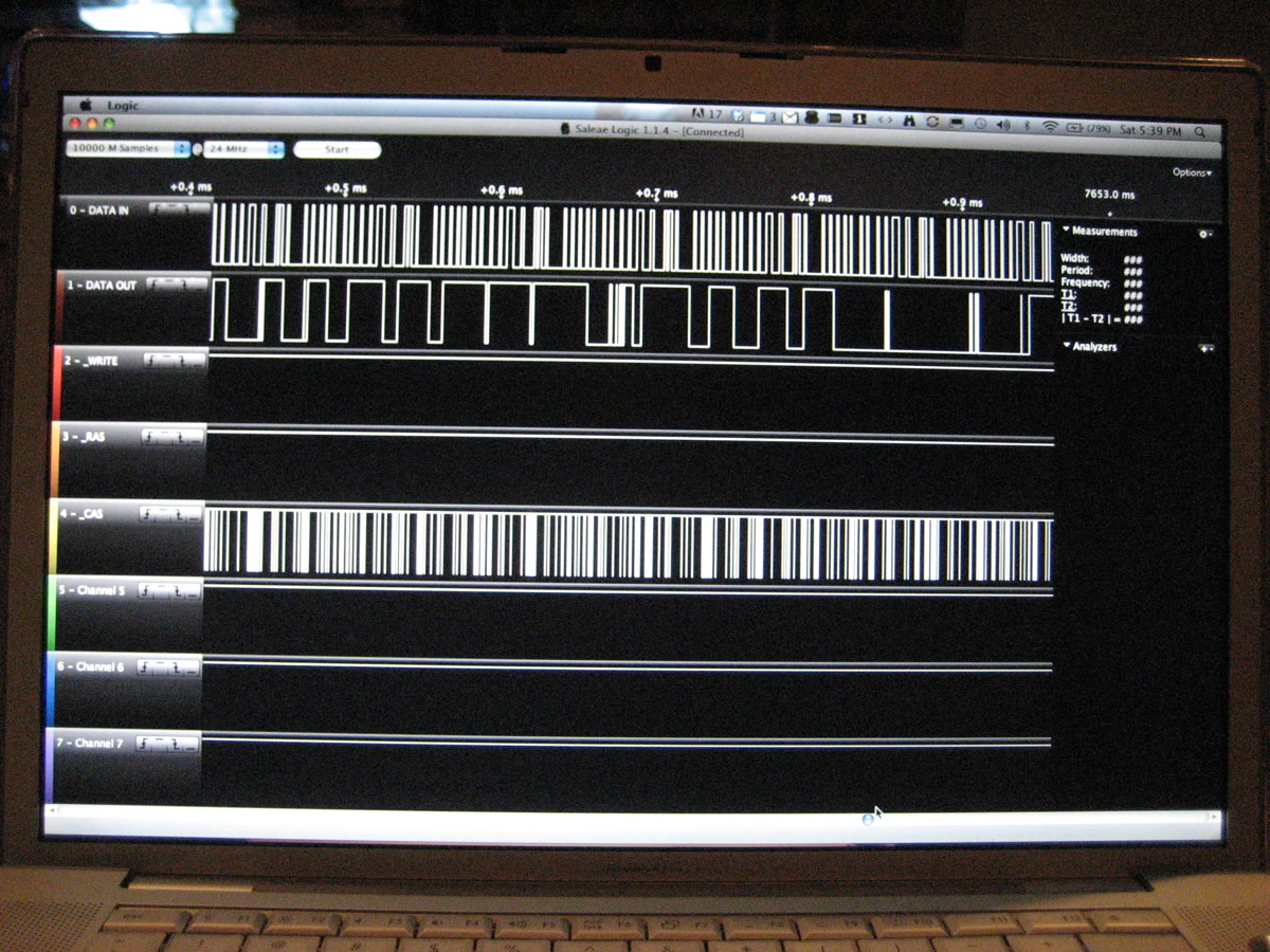 Computer display showing captured digital waveforms from a logic analyzer