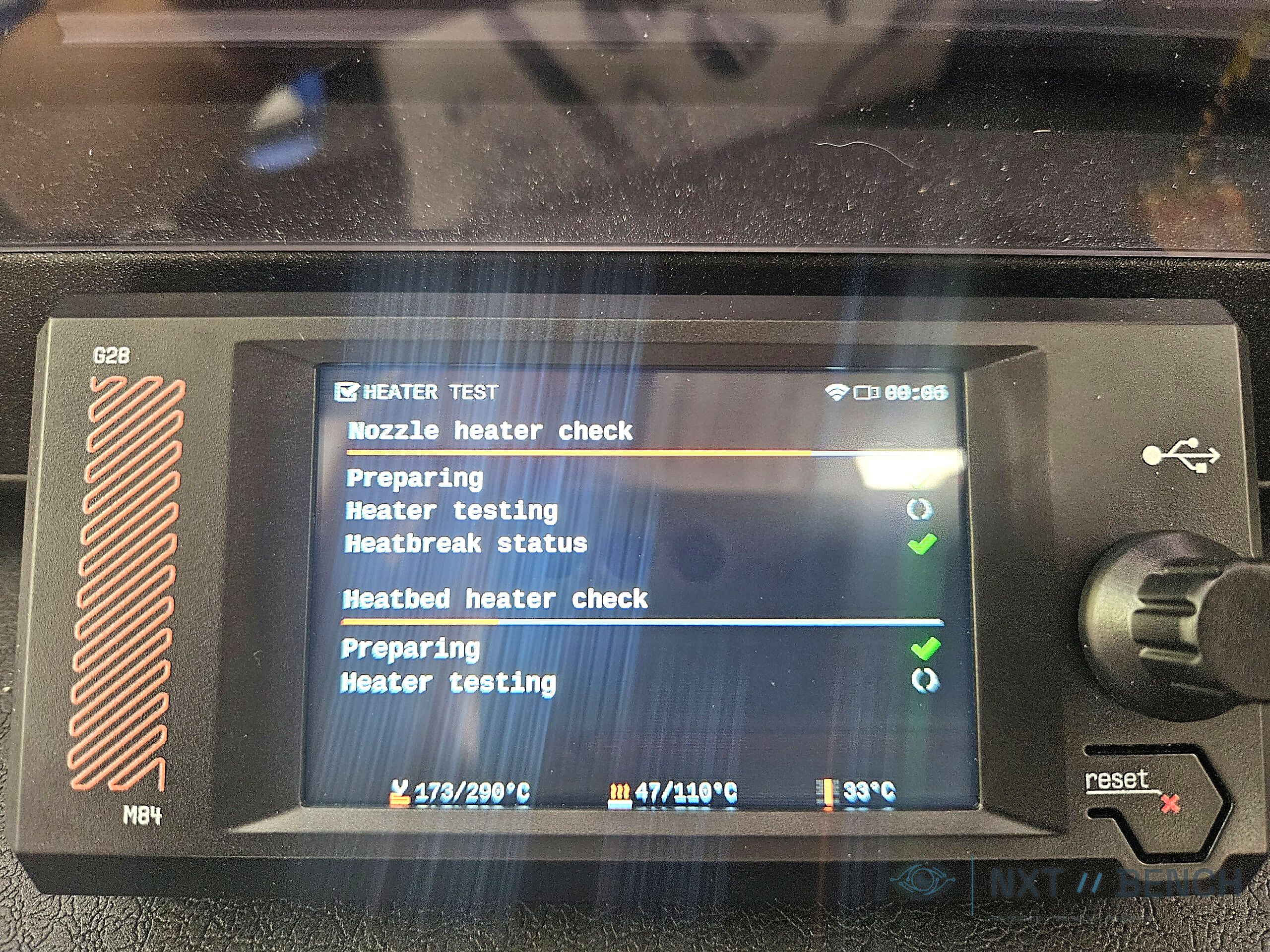 Prusa CORE One+ control screen during the initial setup process.