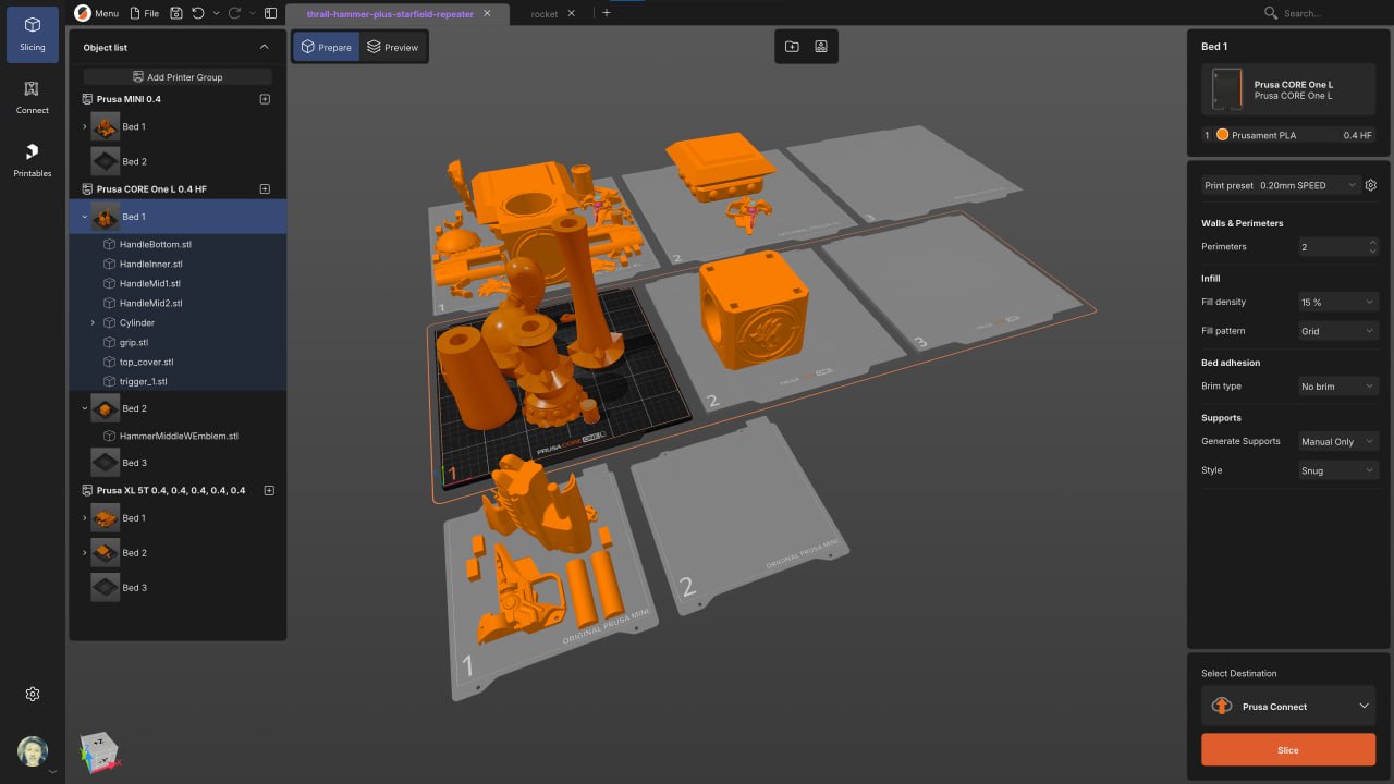 PrusaSlicer 3.0 interface showing orange model parts arranged across multiple numbered build plates, with printer and bed groups at left and settings for the selected bed at right.