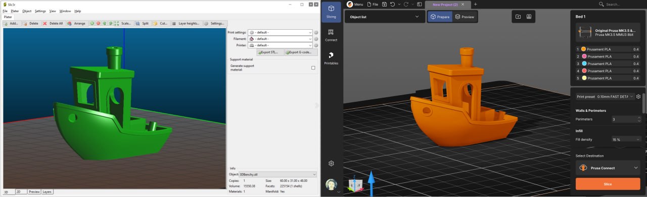 Side-by-side screenshots of Slic3r's light Plater workspace and PrusaSlicer's dark Prepare workspace, each showing a 3DBenchy boat on a virtual print bed.