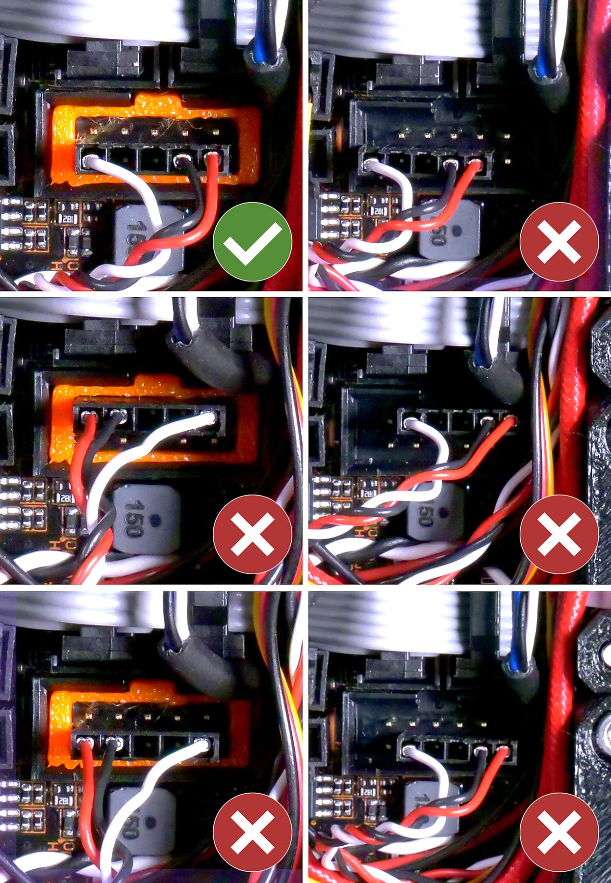 Official Prusa comparison of correct and incorrect filament-sensor connector positions.