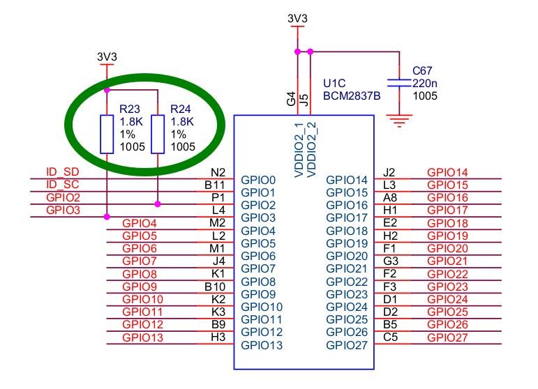 Raspberry Pi I2C connection with pull-up resistor locations identified.